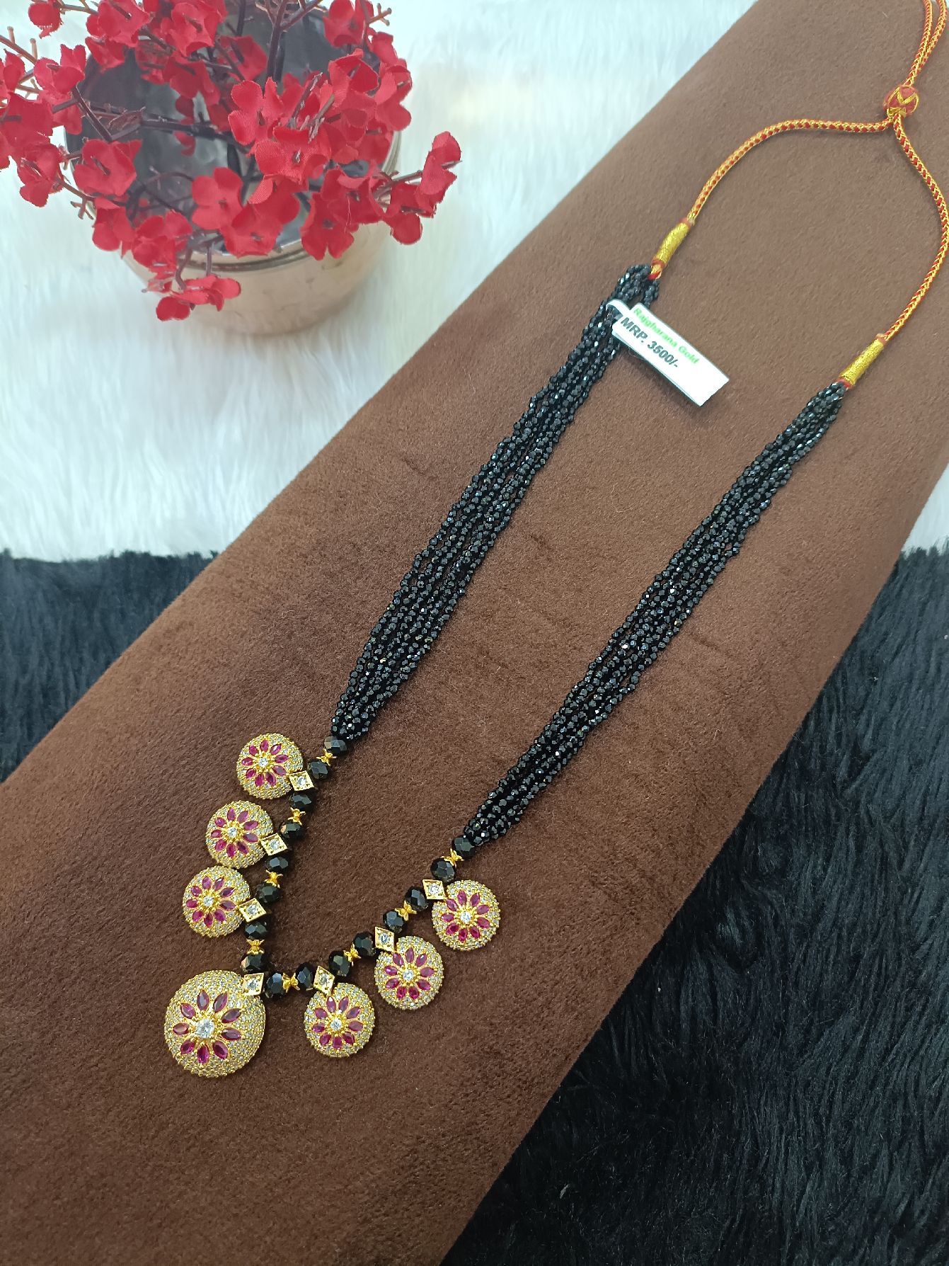 Stylish Multi-Strand Mangalsutra with Pink Floral Pendants