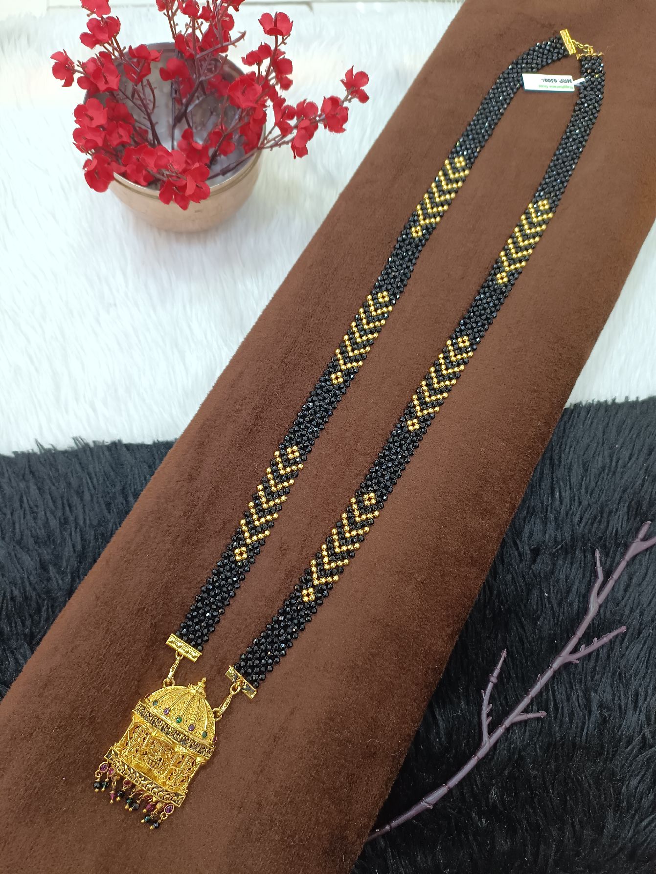 Traditional Dome Temple Mangalsutra with Black & Gold Beads